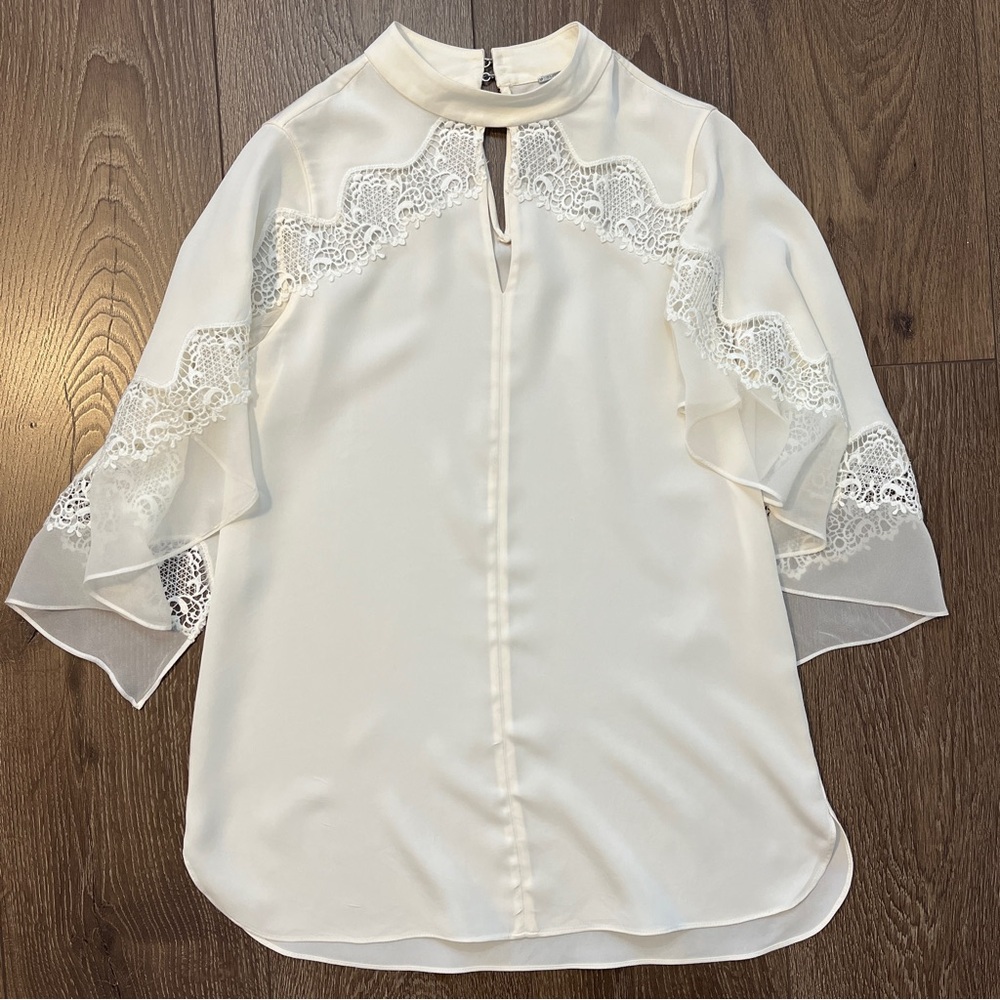 Elie Tahari Jaylah Lace Inset Silk Blouse Cream Color , Size XS